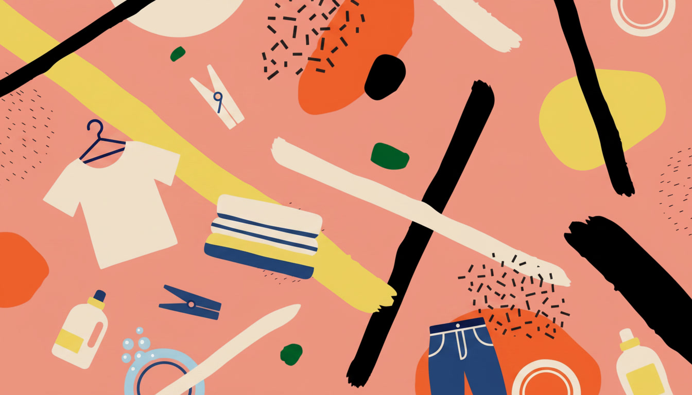 Illustrated collage of laundry — a shirt on a hanger, folded towels, clothespins, detergent, and jeans on a coral background