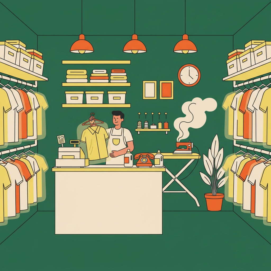 Illustration of our neighborhood dry-cleaning shop counter